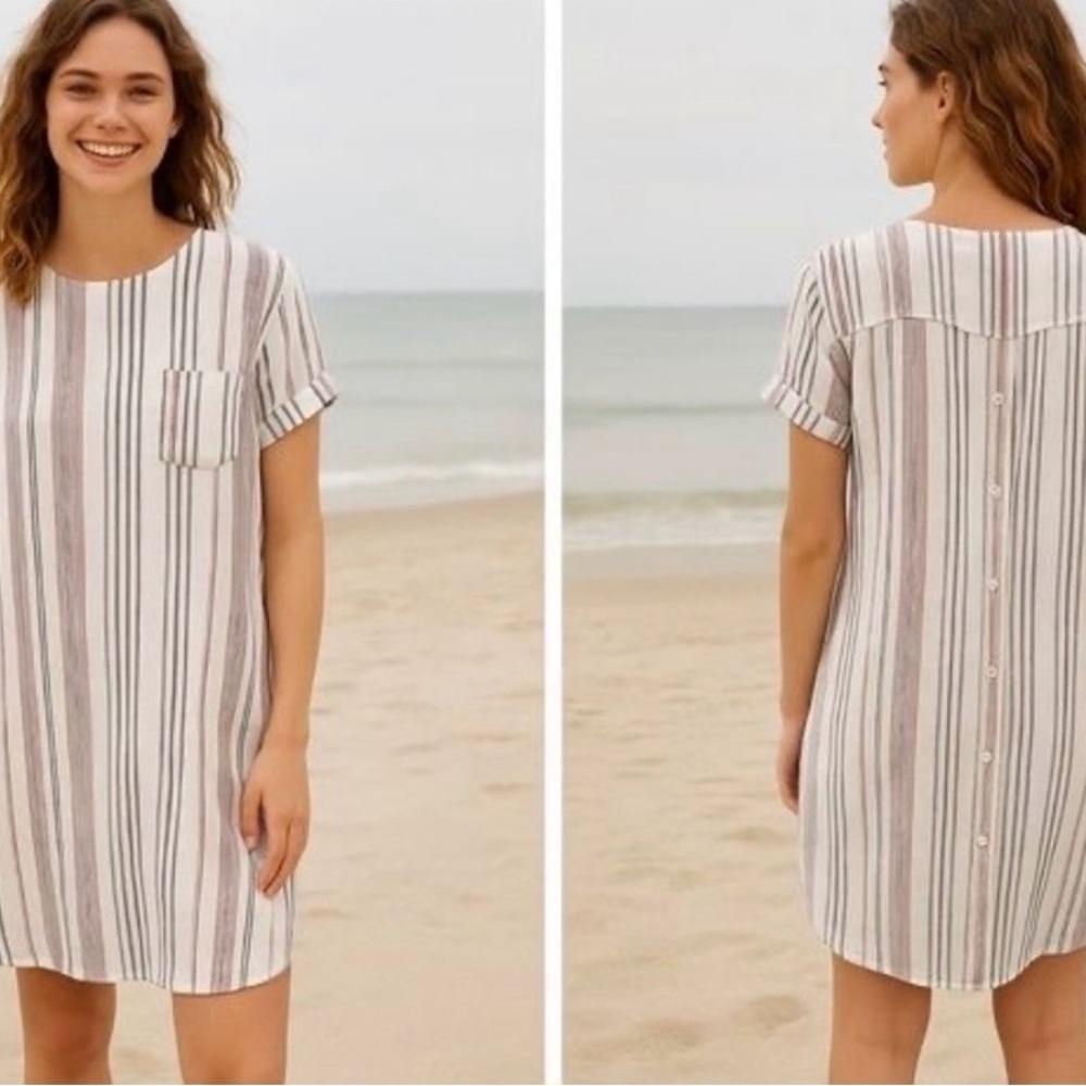 Cloth & Stone Striped Linen Blend Tunic Dress - White, Gray, Red, Blue - Large